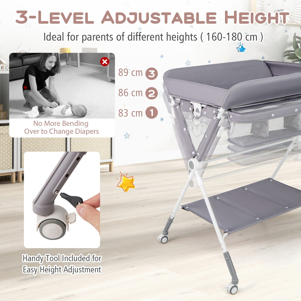 The grey changing table with adjustable height feature highlighted
