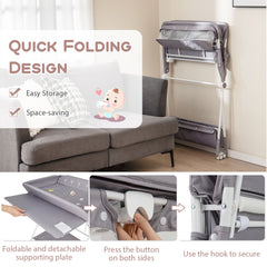 The grey changing table being folded and stored