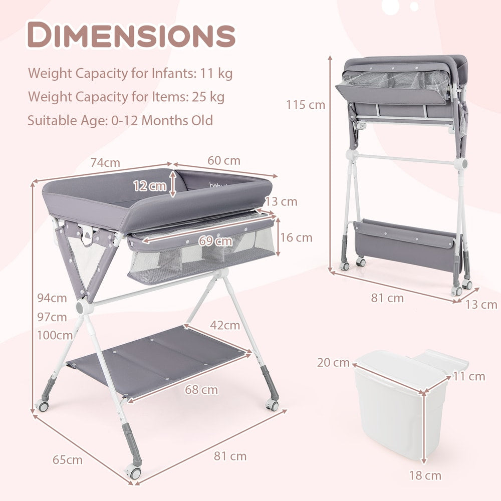 A grey changing table with dimensions and weight capacity shown