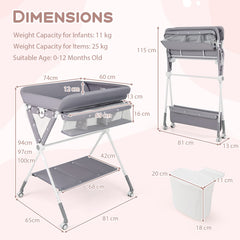 A grey changing table with dimensions and weight capacity shown