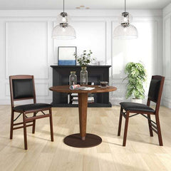 Two dining chairs with padded seats and soft backrests beside a round table in a dining room