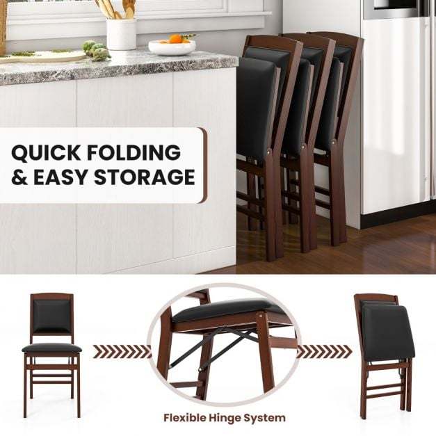 Set of brown dining chairs folded and stacked for easy storage with a flexible hinge system