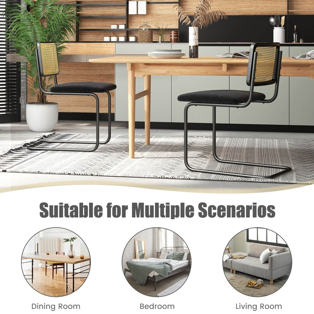 Black cantilever dining chairs shown in dining room, bedroom and living room settings