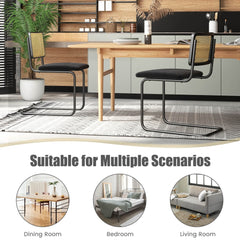 Black cantilever dining chairs shown in dining room, bedroom and living room settings