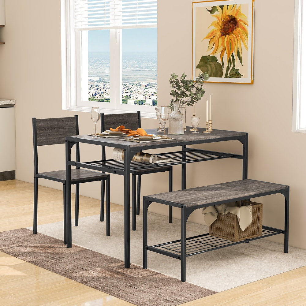 The dining room set in a bright room with a window and a painting on the wall