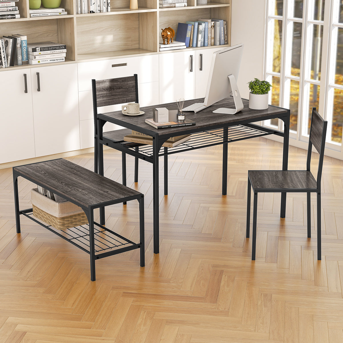 The dining room set used as a desk and workspace in a home office setting