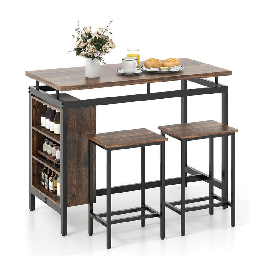 3-Piece Dining Table Set with 3-Tier Storage Shelf and Metal Frame-Coffee