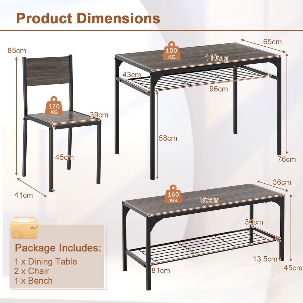 Product dimensions and package contents for the dining room set
