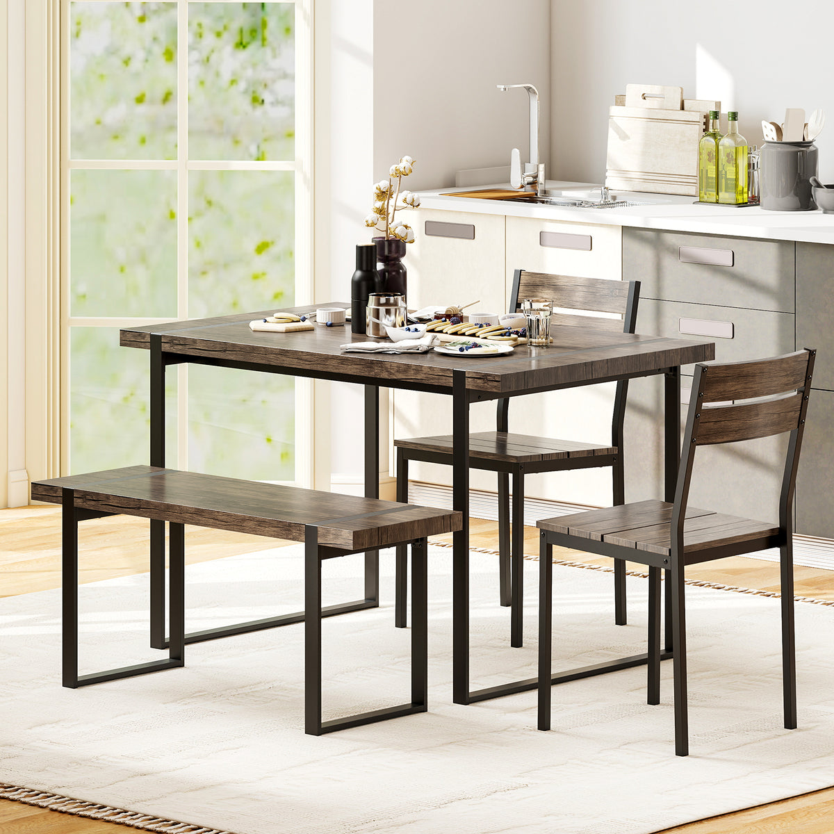 4-Piece Wooden Rectangular Dining Table Set with 1 Bench and 2 Armless Chairs for 4-Grey