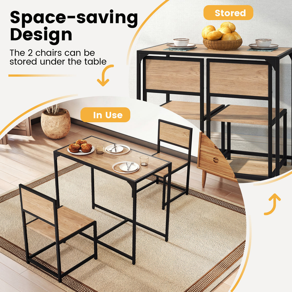 3 Piece Dining Table Set with Metal Frame and Low Back-Natural
