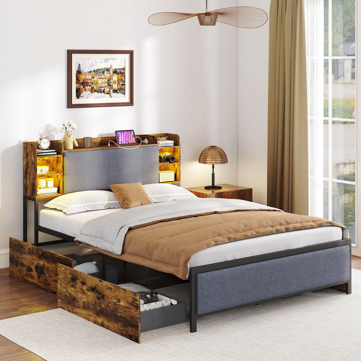 Double Bed Frame with LED Lights Charging Station Storage and Headboard-RusticBrown