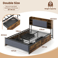 Double Bed Frame with LED Lights Charging Station Storage and Headboard-RusticBrown