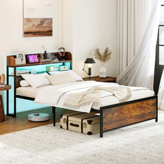 Double Bed Frame with LED Lights and Power Outlets with Storage Headboard-Rustic Brown