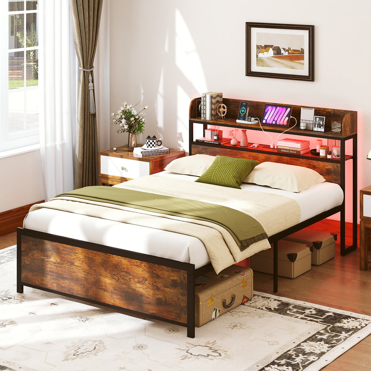 Double Bed Frame with LED Lights and Power Outlets with Storage Headboard-Rustic Brown
