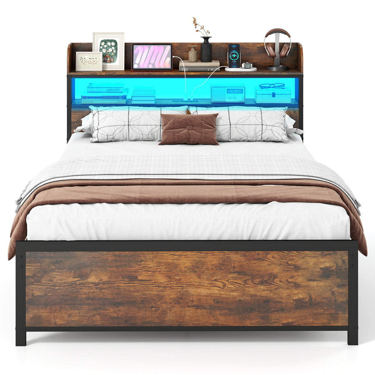 Double Bed Frame with LED Lights and Power Outlets with Storage Headboard-Rustic Brown