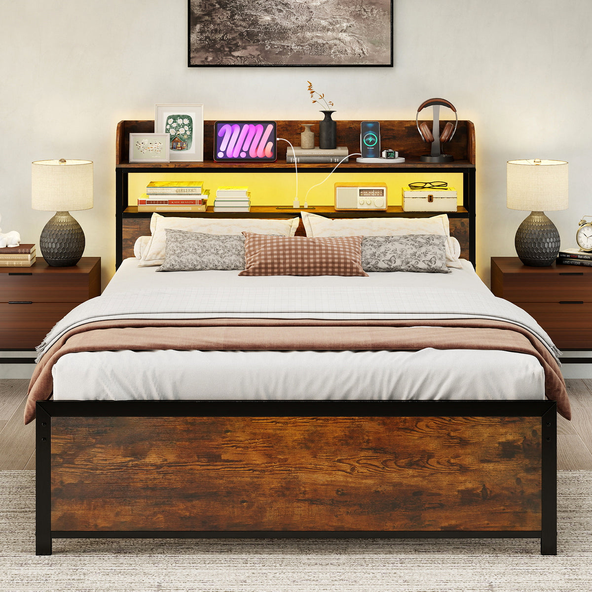 Double Bed Frame with LED Lights and Power Outlets with Storage Headboard-Rustic Brown