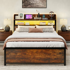 Double Bed Frame with LED Lights and Power Outlets with Storage Headboard-Rustic Brown