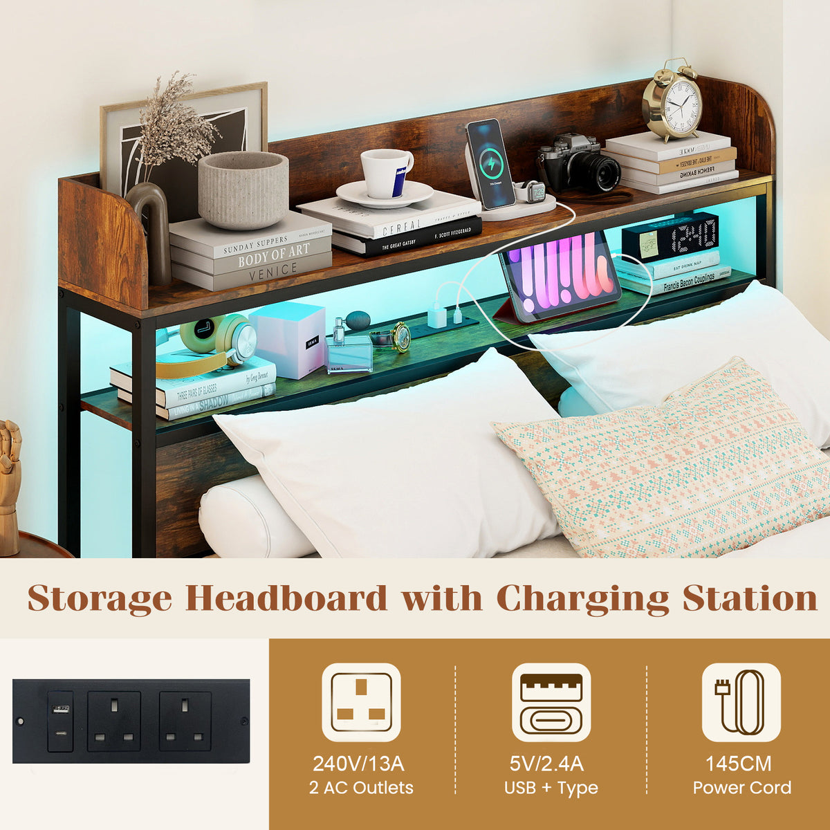 Double Bed Frame with LED Lights and Power Outlets with Storage Headboard-Rustic Brown