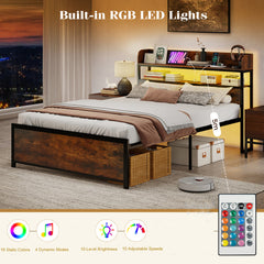 Double Bed Frame with LED Lights and Power Outlets with Storage Headboard-Rustic Brown