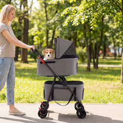 Double Pet Stroller 3 in 1 Foldable with 2 Detachable Carriers Car Seats-Grey