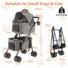 Double Pet Stroller 3 in 1 Foldable with 2 Detachable Carriers Car Seats-Grey