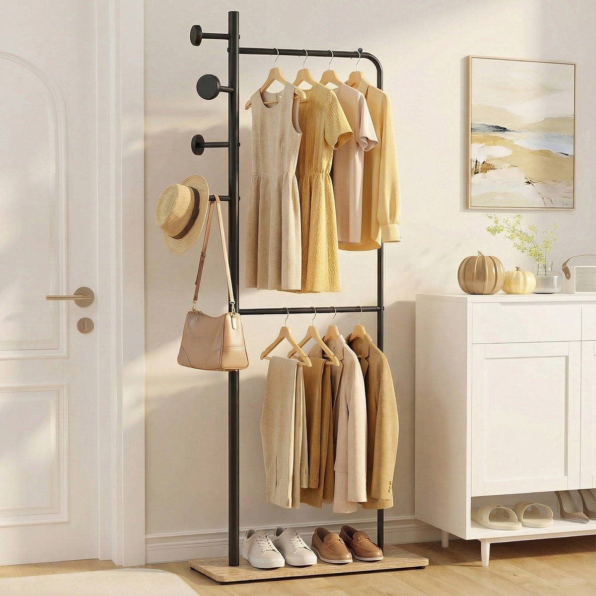 Double Rods Clothes Hanging Rack with Rubber Wood Hooks and Wooden Bottom Shelf