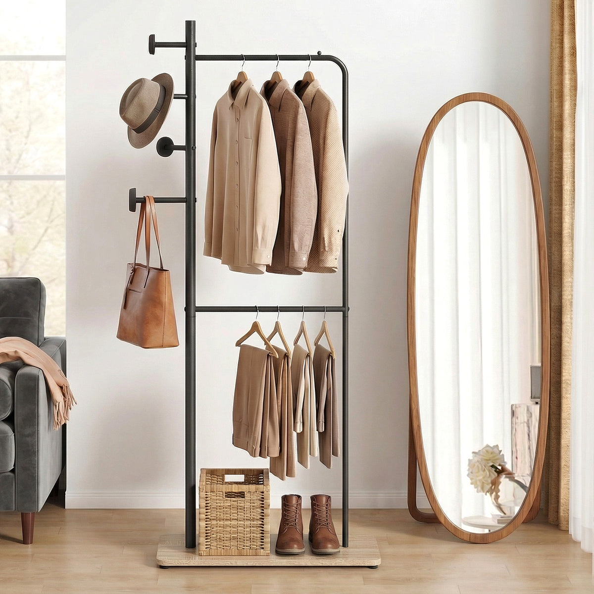 Double Rods Clothes Hanging Rack with Rubber Wood Hooks and Wooden Bottom Shelf