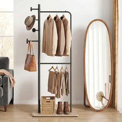 Double Rods Clothes Hanging Rack with Rubber Wood Hooks and Wooden Bottom Shelf