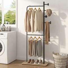 Double Rods Clothes Hanging Rack with Rubber Wood Hooks and Wooden Bottom Shelf