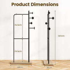 Double Rods Clothes Hanging Rack with Rubber Wood Hooks and Wooden Bottom Shelf