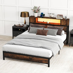 Double Size Bed Frame with LED Lights and Charging Station-Brown