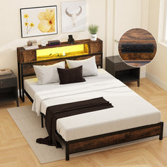 Double Size Bed Frame with LED Lights and Charging Station-Brown
