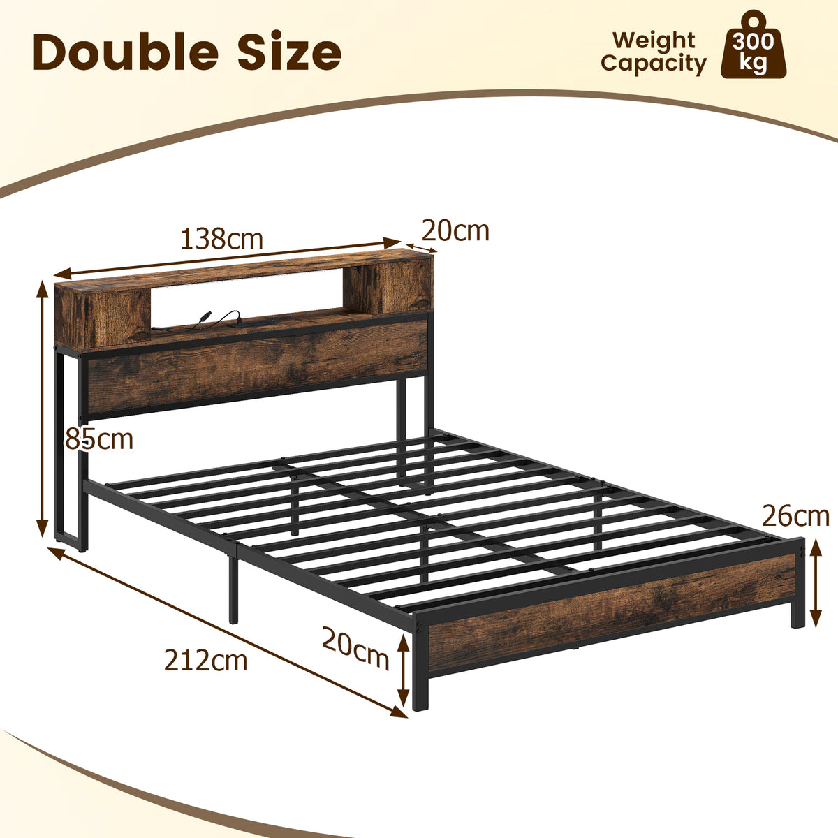 Double Size Bed Frame with LED Lights and Charging Station-Brown