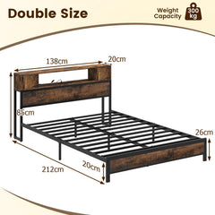 Double Size Bed Frame with LED Lights and Charging Station-Brown