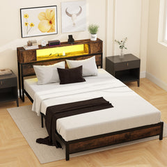 Double Size Bed Frame with LED Lights and Charging Station-Brown