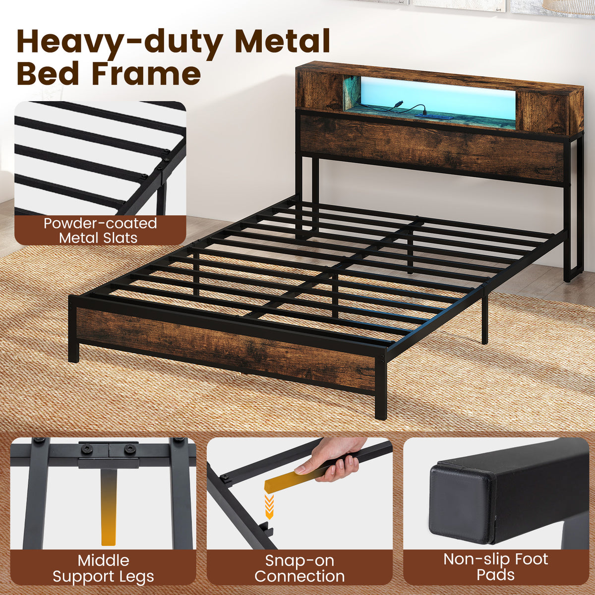 Double Size Bed Frame with LED Lights and Charging Station-Brown