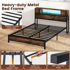Double Size Bed Frame with LED Lights and Charging Station-Brown