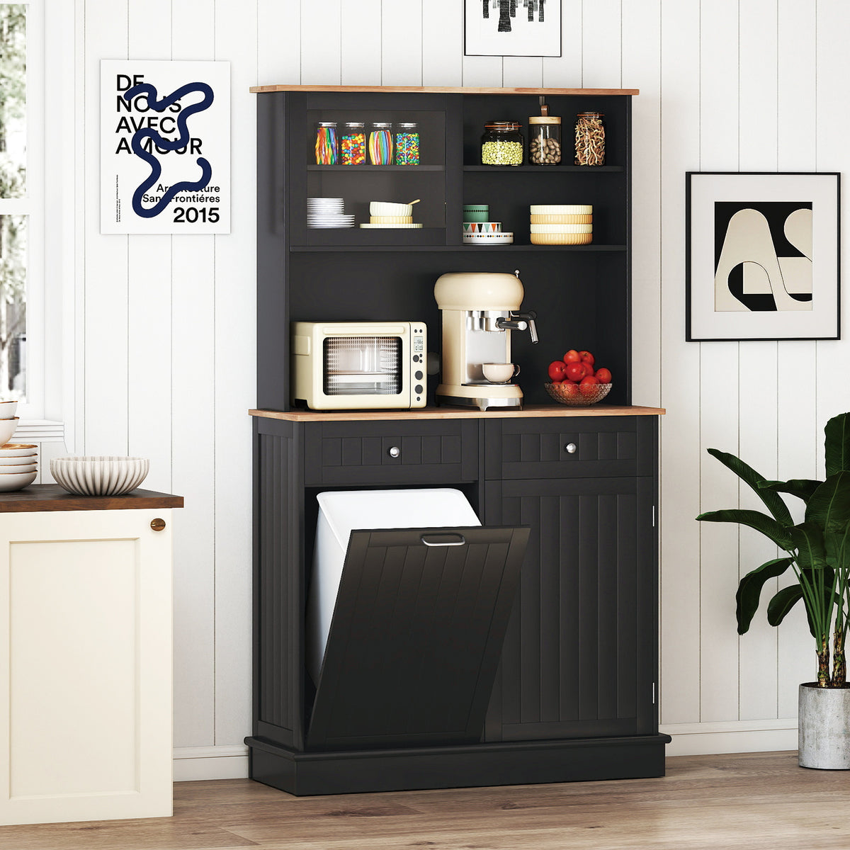 Double Tilt Out Trash Cabinet with Rubber Wood Countertop for Kitchen Dining Room-Black