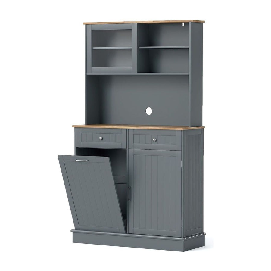 Double Tilt Out Trash Cabinet with Rubber Wood Countertop for Kitchen Dining Room-Grey