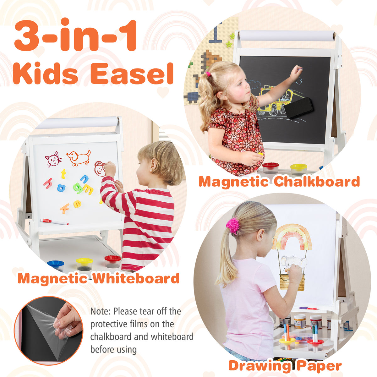 Double-sided Kids Easel with Magnetic Whiteboard and Chalkboard-White
