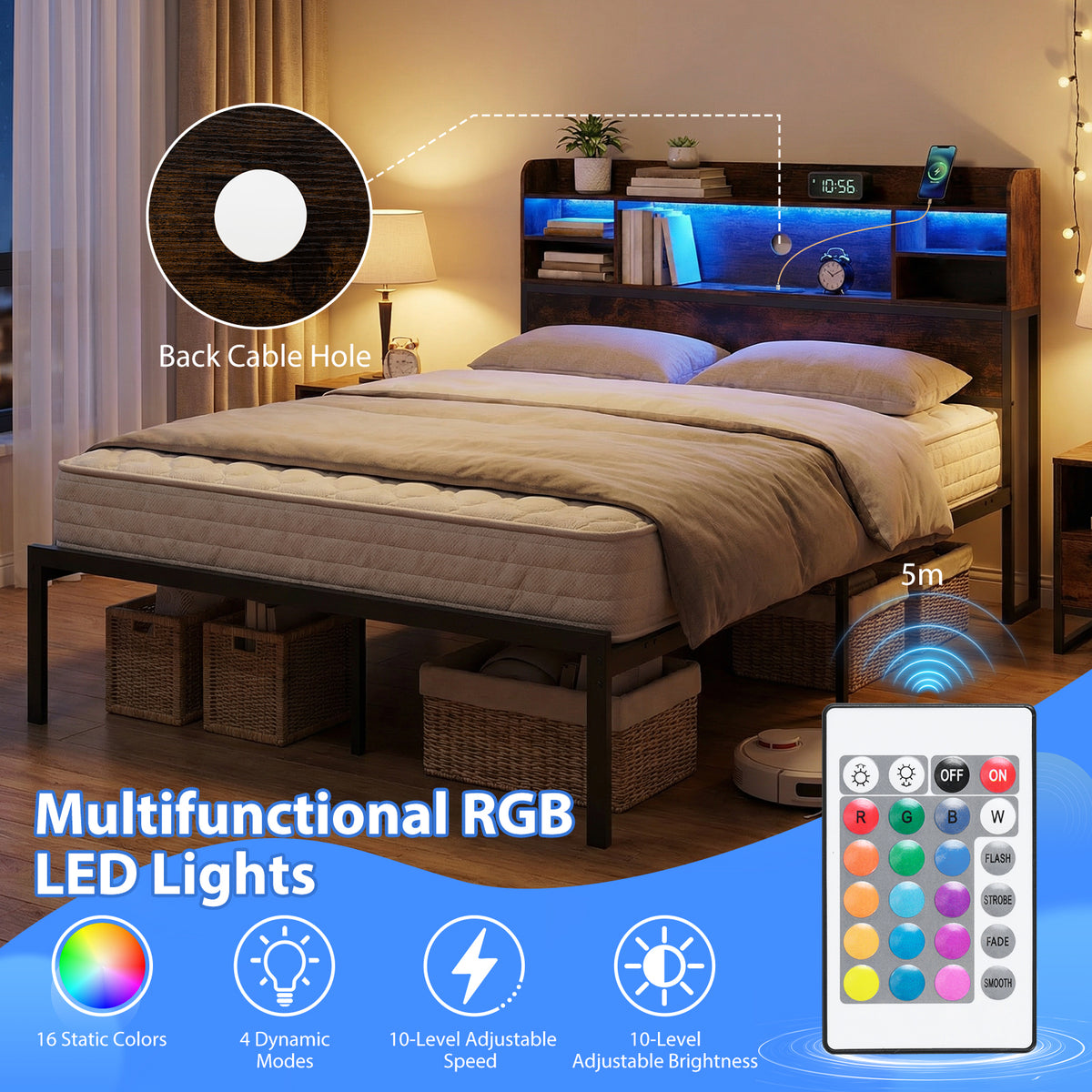 Double/King Size Bed Frame with LED Lights and Charging Station-Rustic Brown-King Size