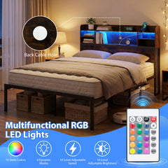 Double/King Size Bed Frame with LED Lights and Charging Station-Rustic Brown-King Size
