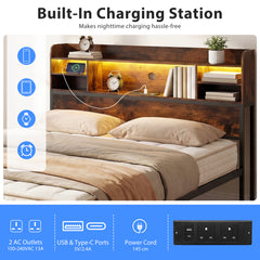 Double/King Size Bed Frame with LED Lights and Charging Station-Rustic Brown-King Size