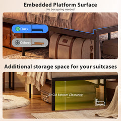 Double/King Size Bed Frame with LED Lights and Charging Station-Rustic Brown-King Size