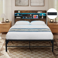 Double/King Size Bed Frame with LED Lights and Charging Station-Rustic Brown-Double Size