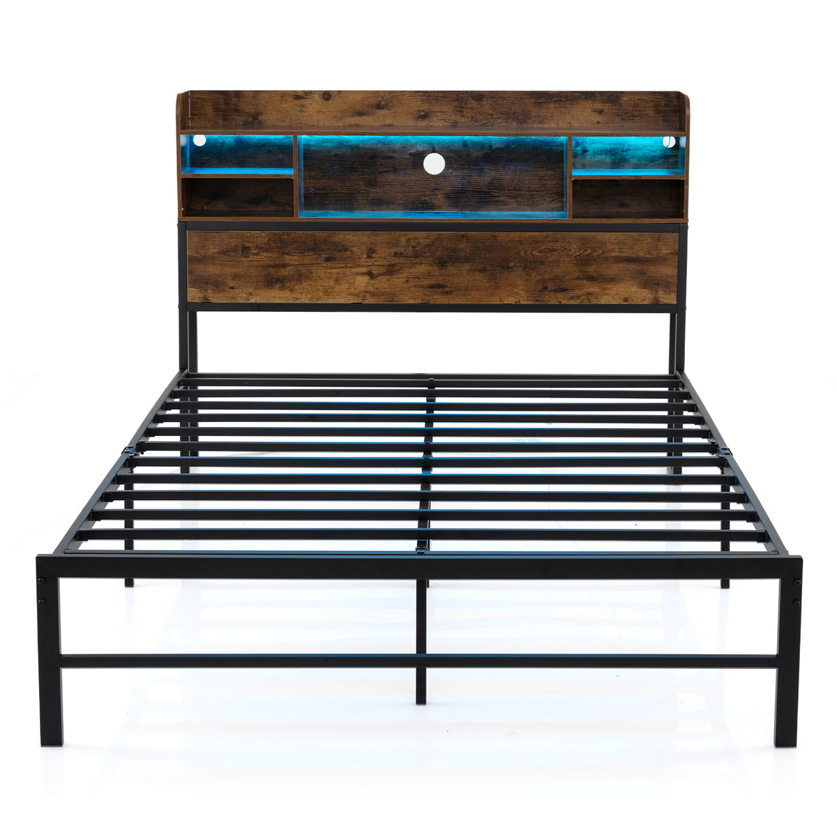 Double/King Size Bed Frame with LED Lights and Charging Station-Rustic Brown-Double Size