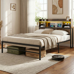 Double/King Size Bed Frame with LED Lights and Charging Station-Rustic Brown-Double Size