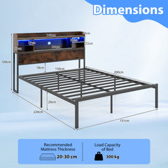 Double/King Size Bed Frame with LED Lights and Charging Station-Rustic Brown-King Size