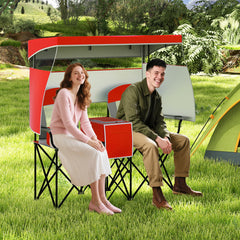 Double Beach Chair with Adjustable Canopy and Roll-up Shade-Red