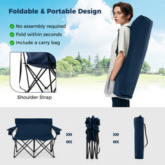 Double Camping Chair with Cup Holders and Carrying Bag-Blue